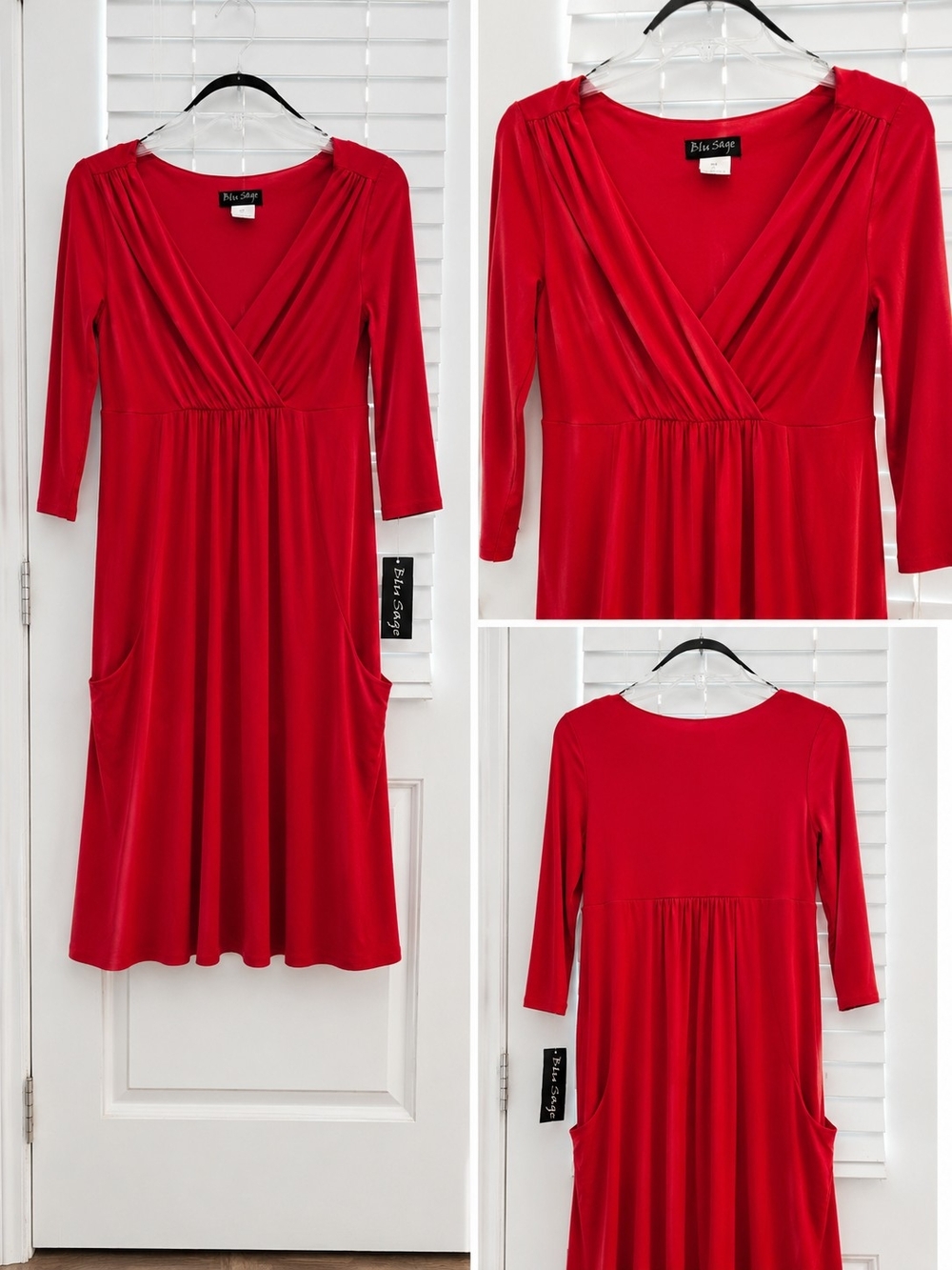 Blu Sage Red Faux-Wrap Midi Dress with Pockets